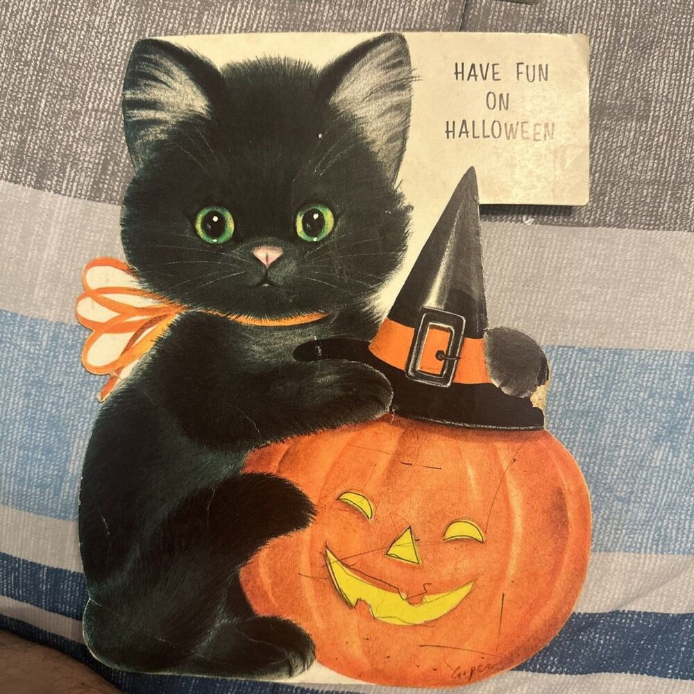 Vintage HALLOWEEN Signed Gibson CARD Adorable Black Cat Witch Hat